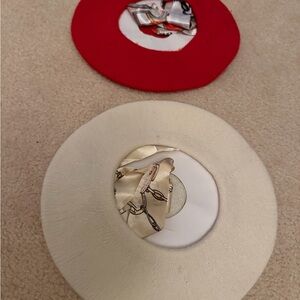 Red and Cream Circular Hats with Patterned Scarves